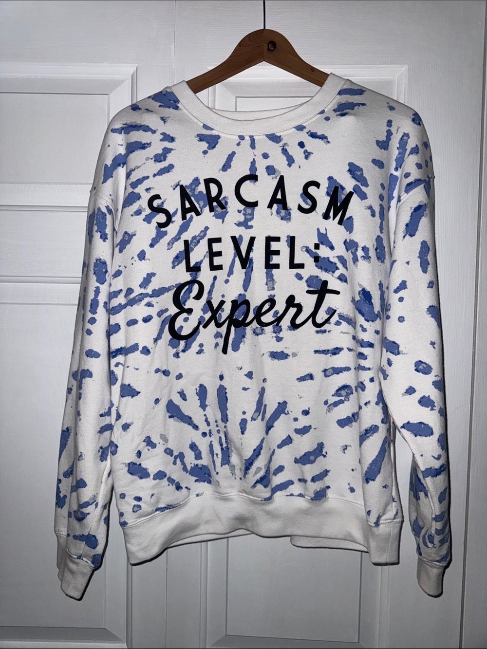 Wound Up White & Blue Tie-Dye 'Sarcasm Level Expert' Crewneck